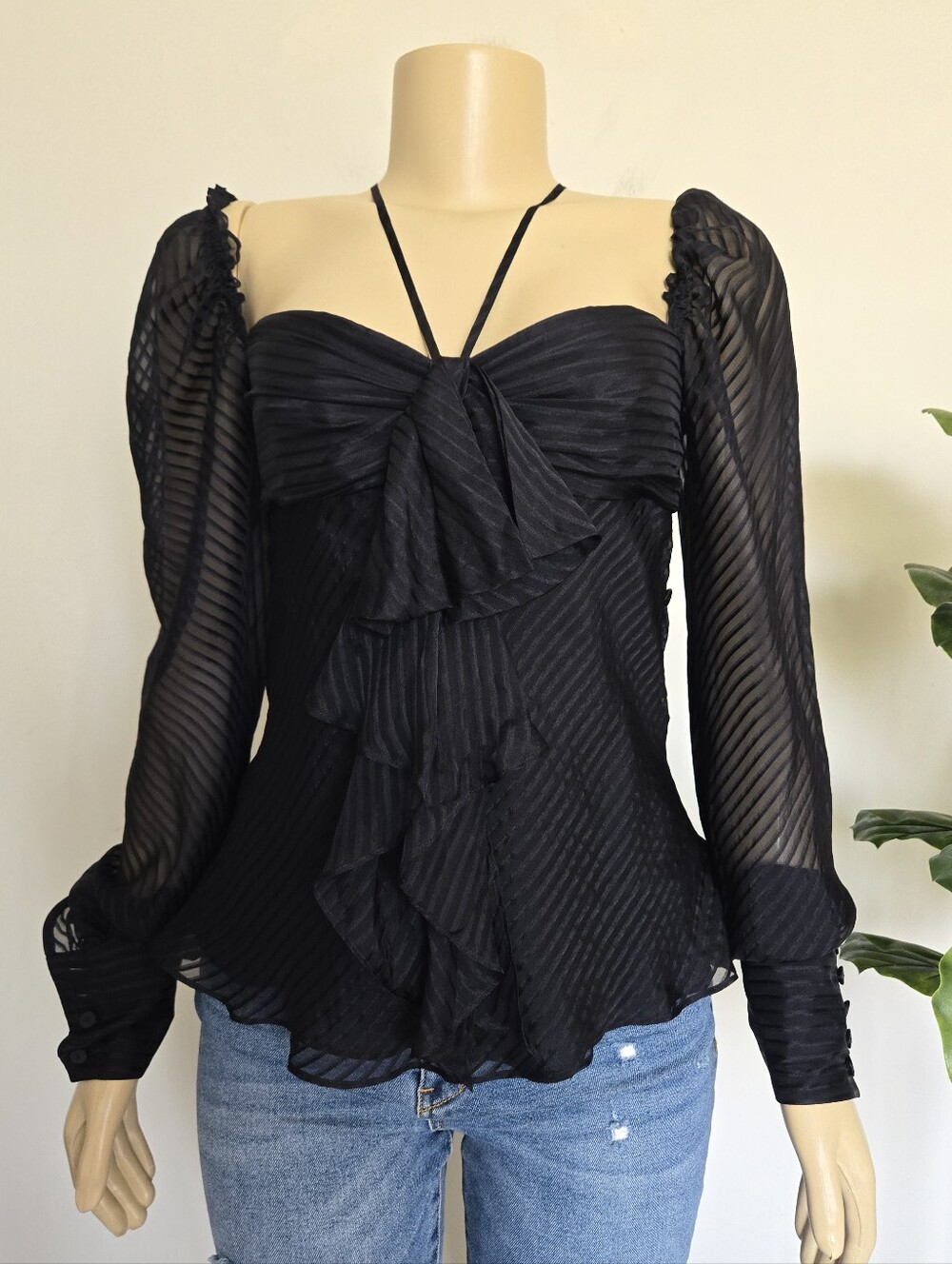 ESCADA 100% Silk Pleated Ruffle Halter Neck Sheer Blouse Black Size 34 US 2